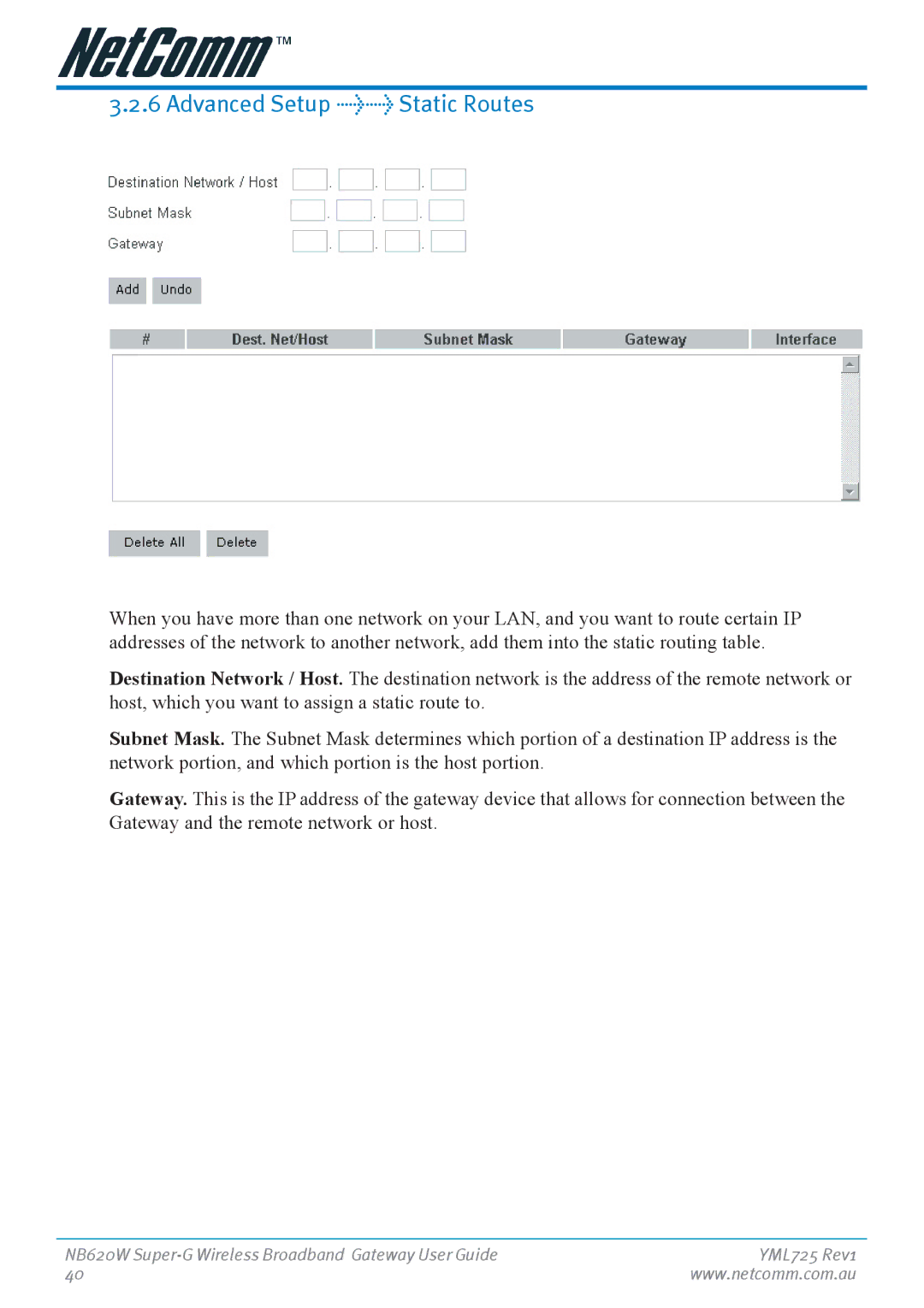 NetComm NB620W manual Advanced Setup Static Routes 
