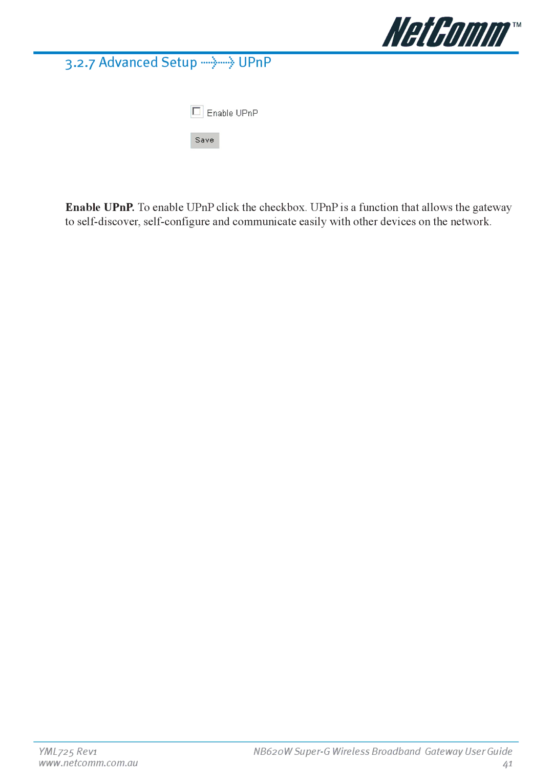 NetComm NB620W manual Advanced Setup UPnP 
