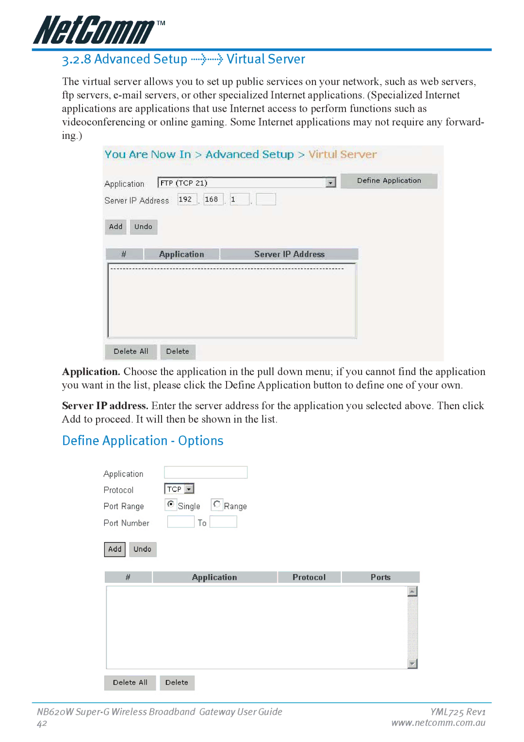 NetComm NB620W manual Advanced Setup Virtual Server, Define Application Options 