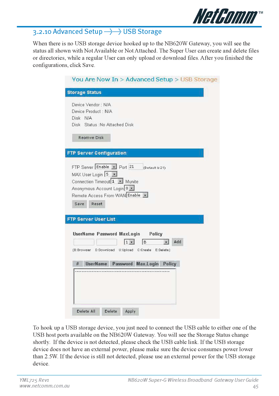 NetComm NB620W manual Advanced Setup USB Storage 