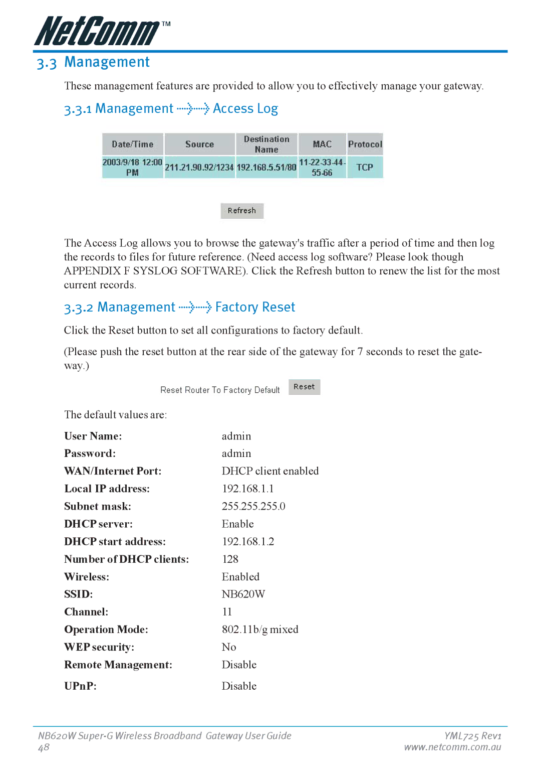 NetComm NB620W manual Management Access Log, Management Factory Reset 