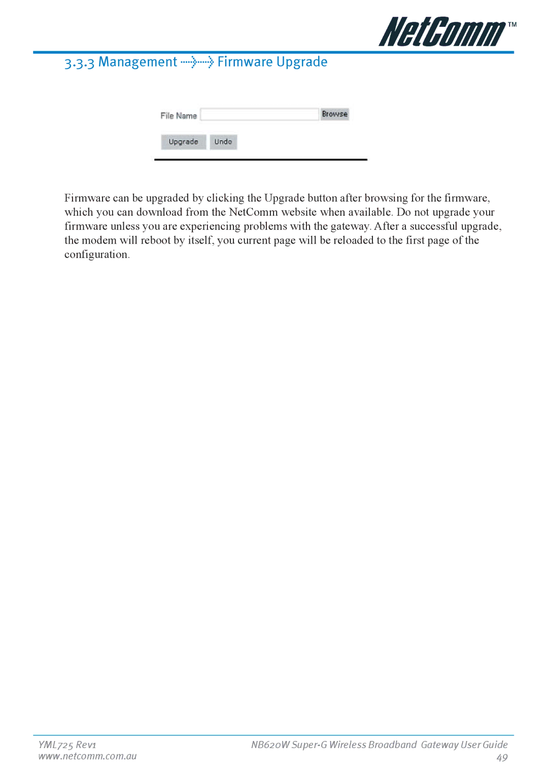 NetComm NB620W manual Management Firmware Upgrade 