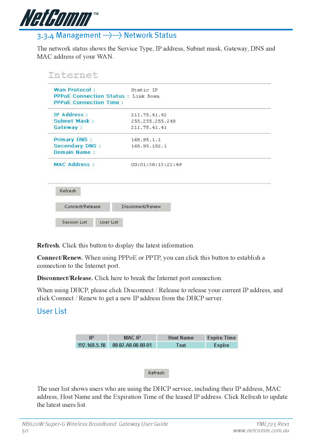 NetComm NB620W manual Management Network Status, User List 