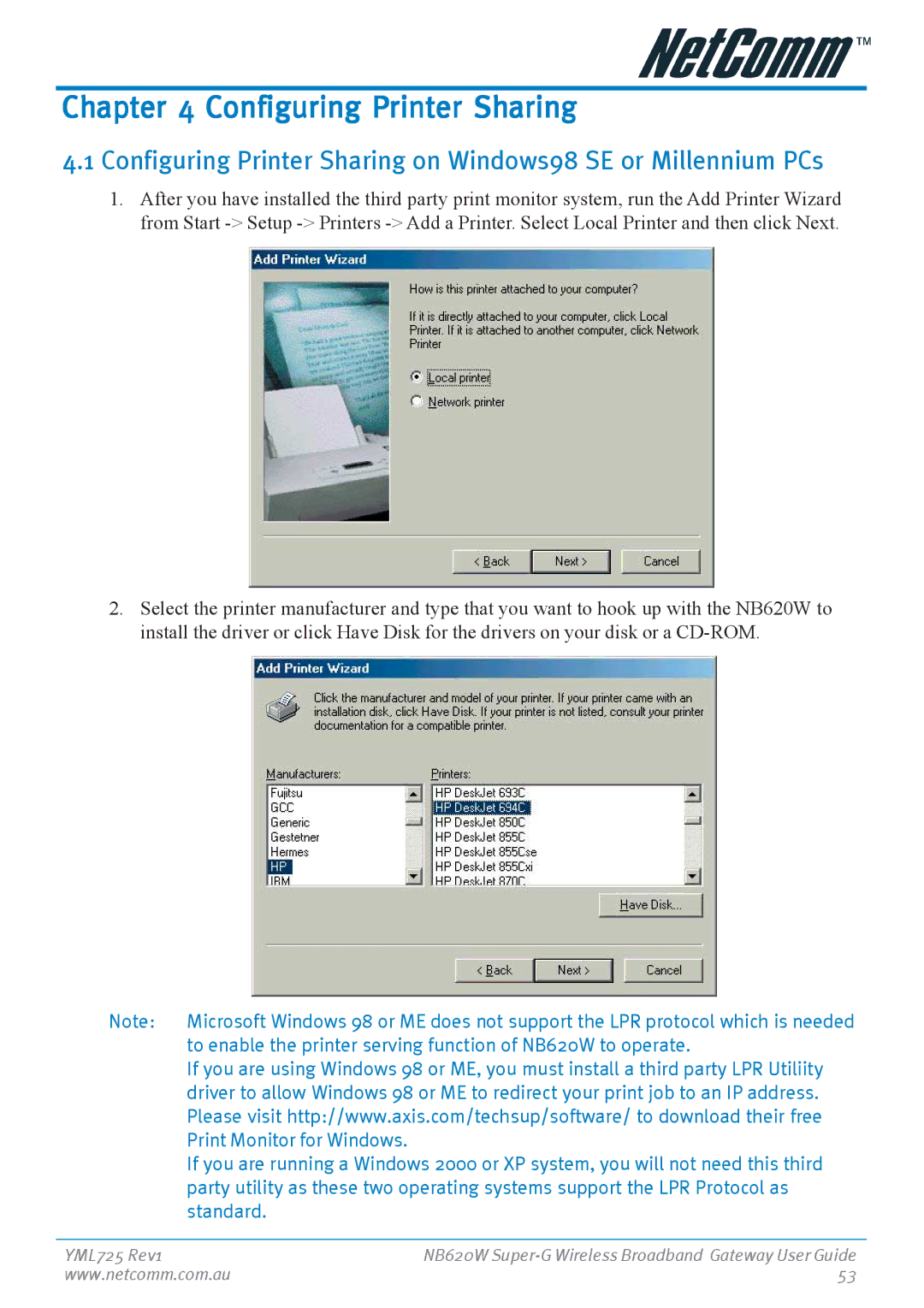 NetComm manual Configuring Printer Sharing, To enable the printer serving function of NB620W to operate 