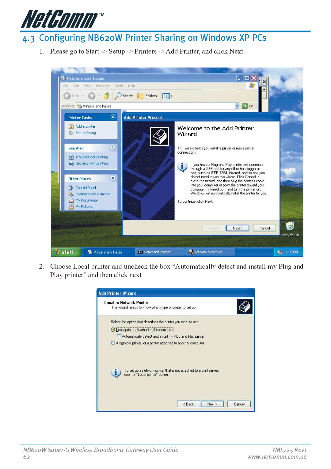 NetComm manual Configuring NB620W Printer Sharing on Windows XP PCs 