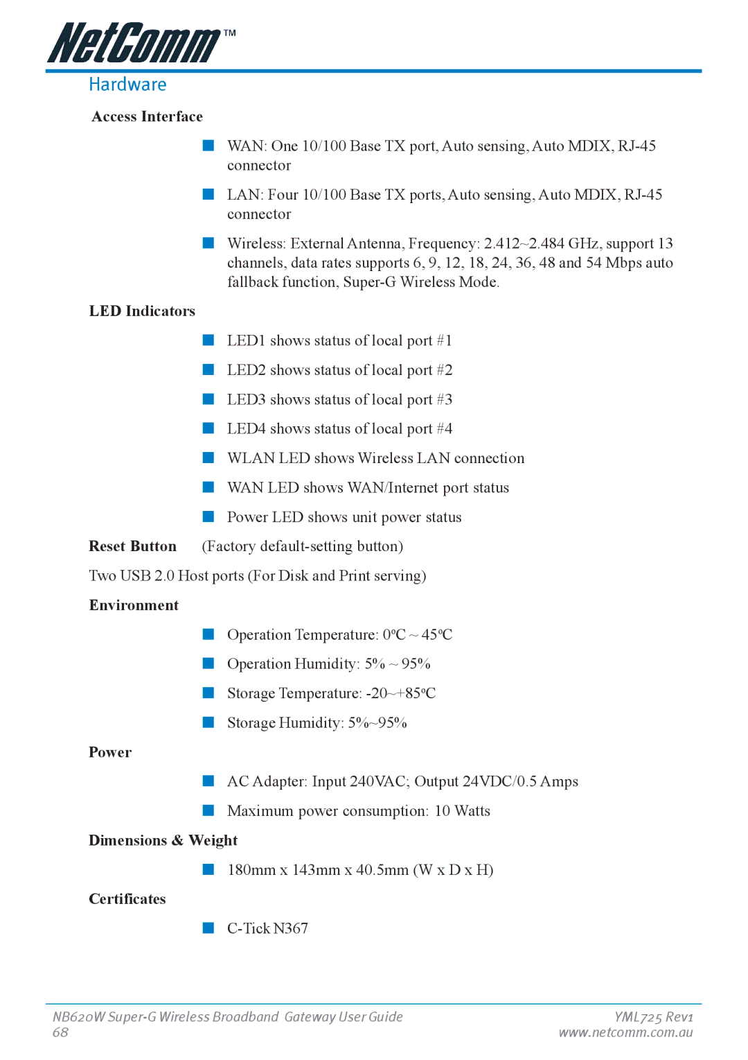 NetComm NB620W manual Hardware 