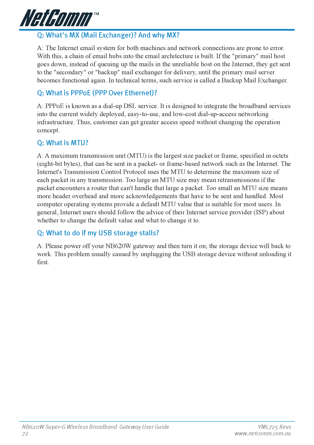 NetComm NB620W manual Whats MX Mail Exchanger? And why MX?, What is PPPoE PPP Over Ethernet?, What is MTU? 