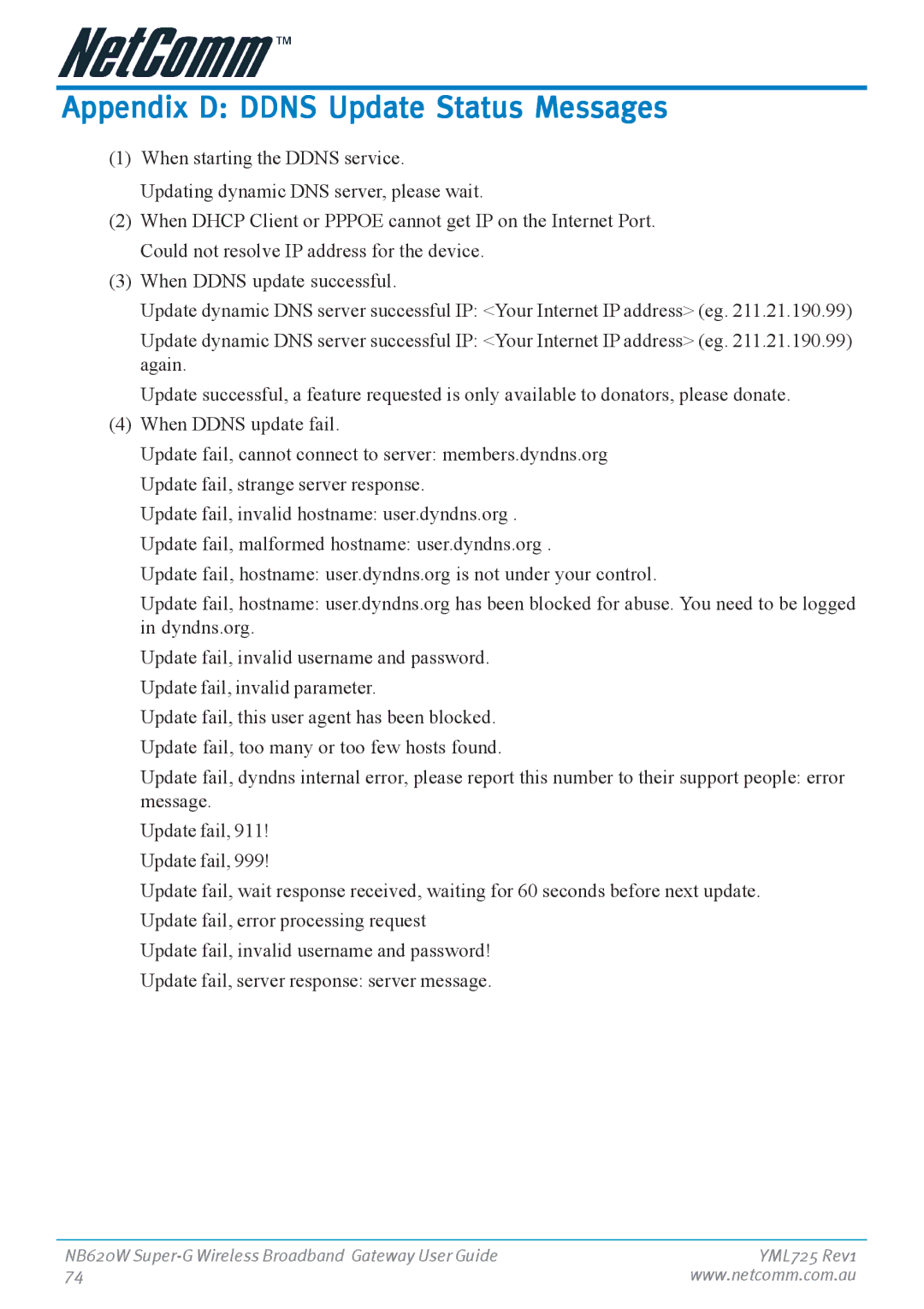 NetComm NB620W manual Appendix D Ddns Update Status Messages 