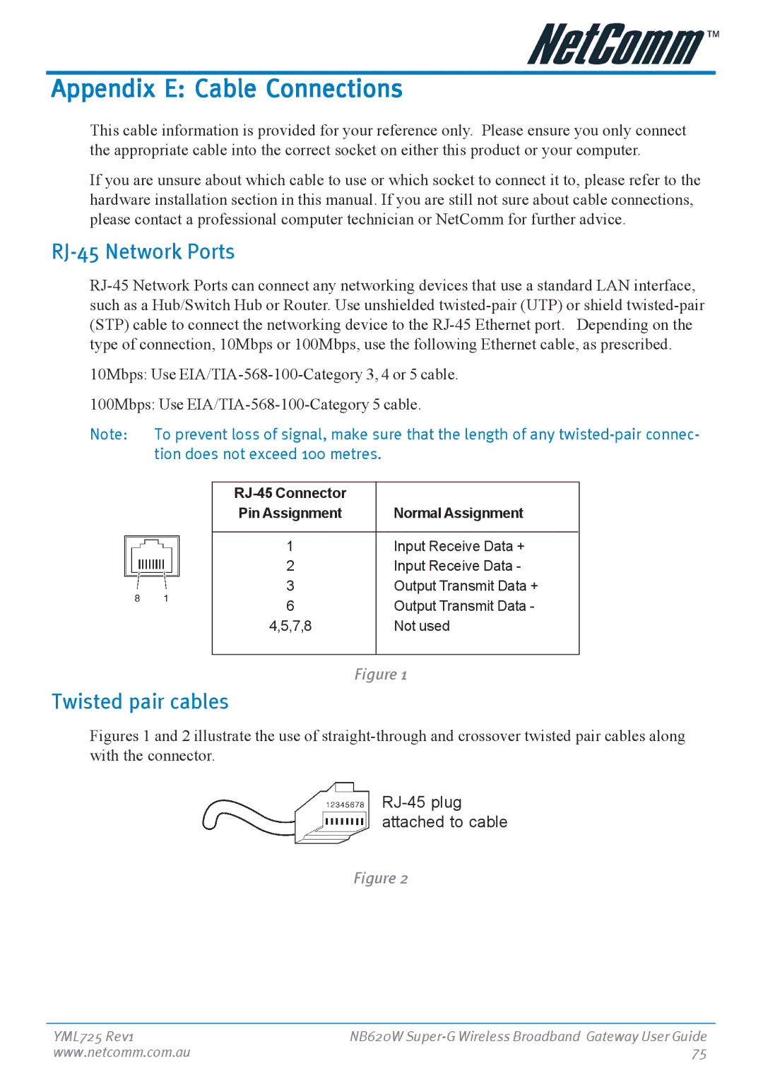 NetComm NB620W manual Appendix E Cable Connections, RJ-45 Network Ports, Twisted pair cables 