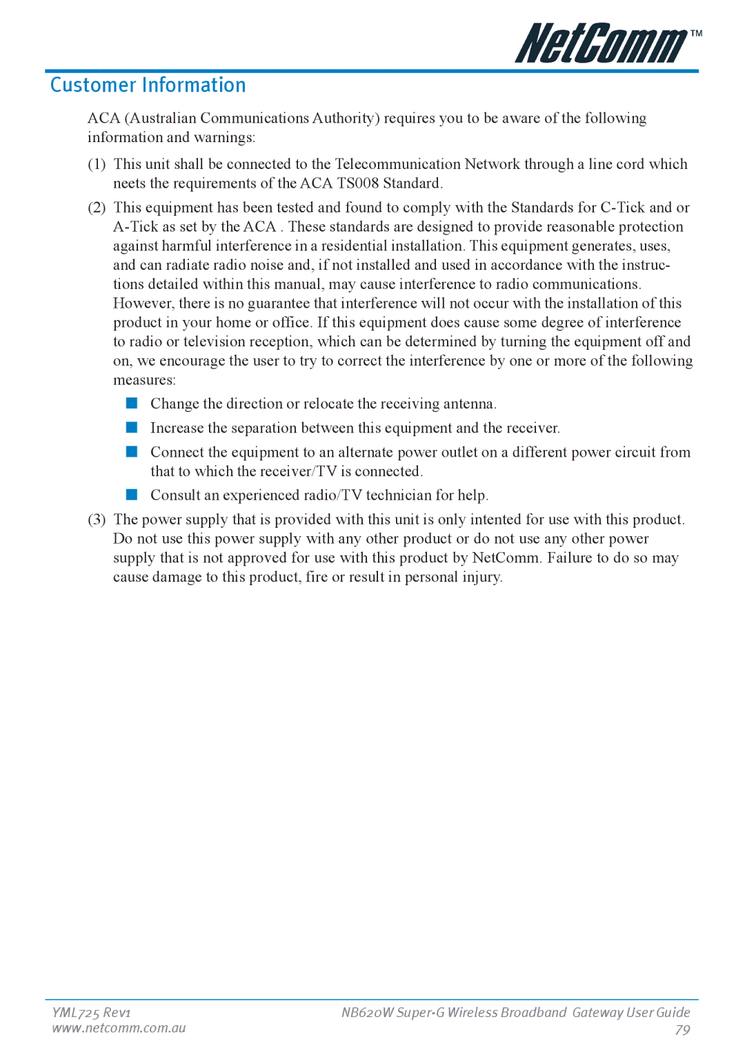 NetComm NB620W manual Customer Information 