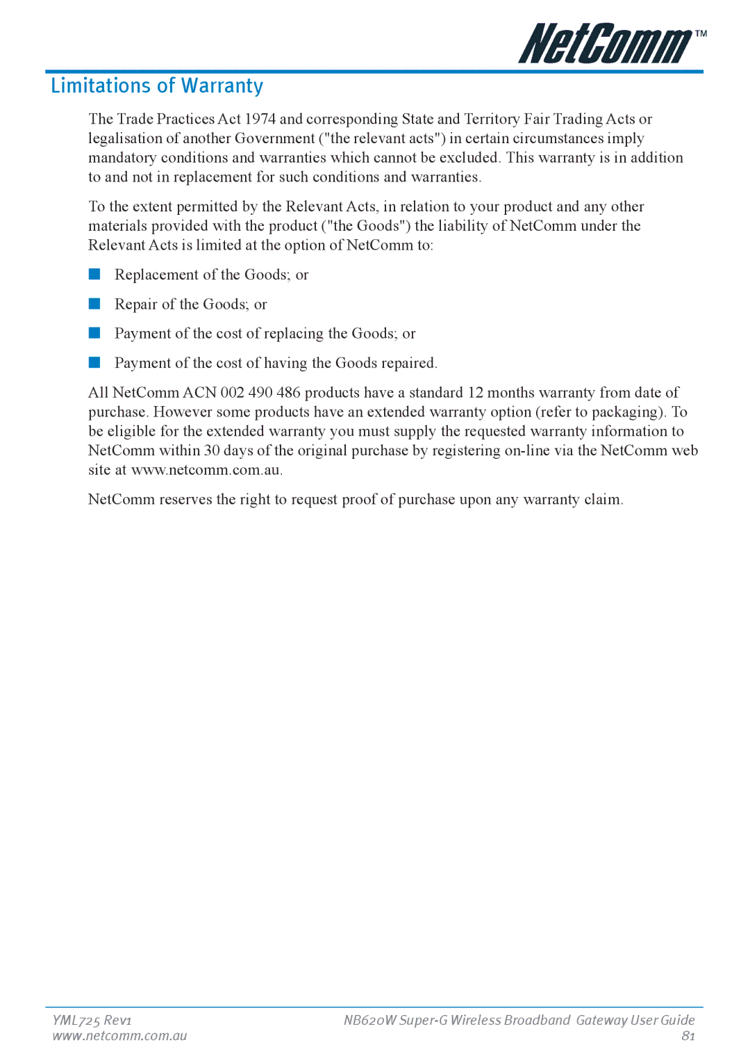 NetComm NB620W manual Limitations of Warranty 