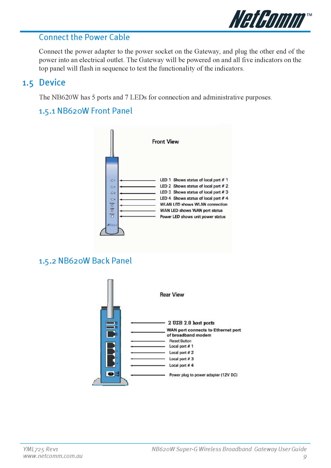 NetComm manual Device, Connect the Power Cable, 1 NB620W Front Panel 2 NB620W Back Panel 