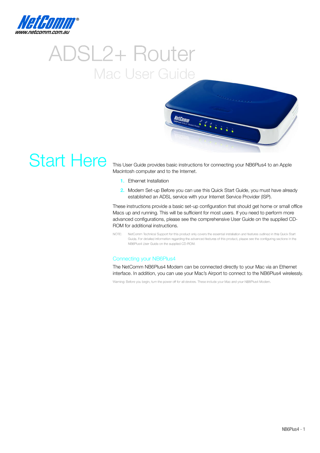 NetComm quick start ADSL2+ Router, Connecting your NB6Plus4 