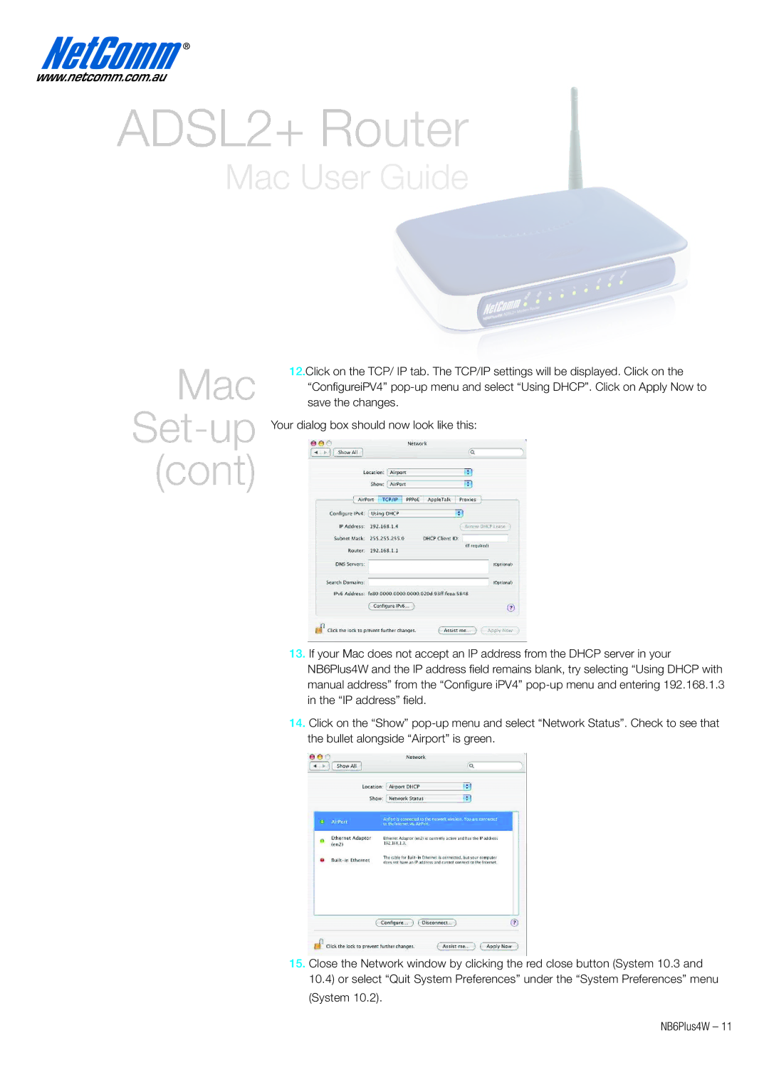 NetComm NB6PLUS4W quick start ADSL2+ Router 