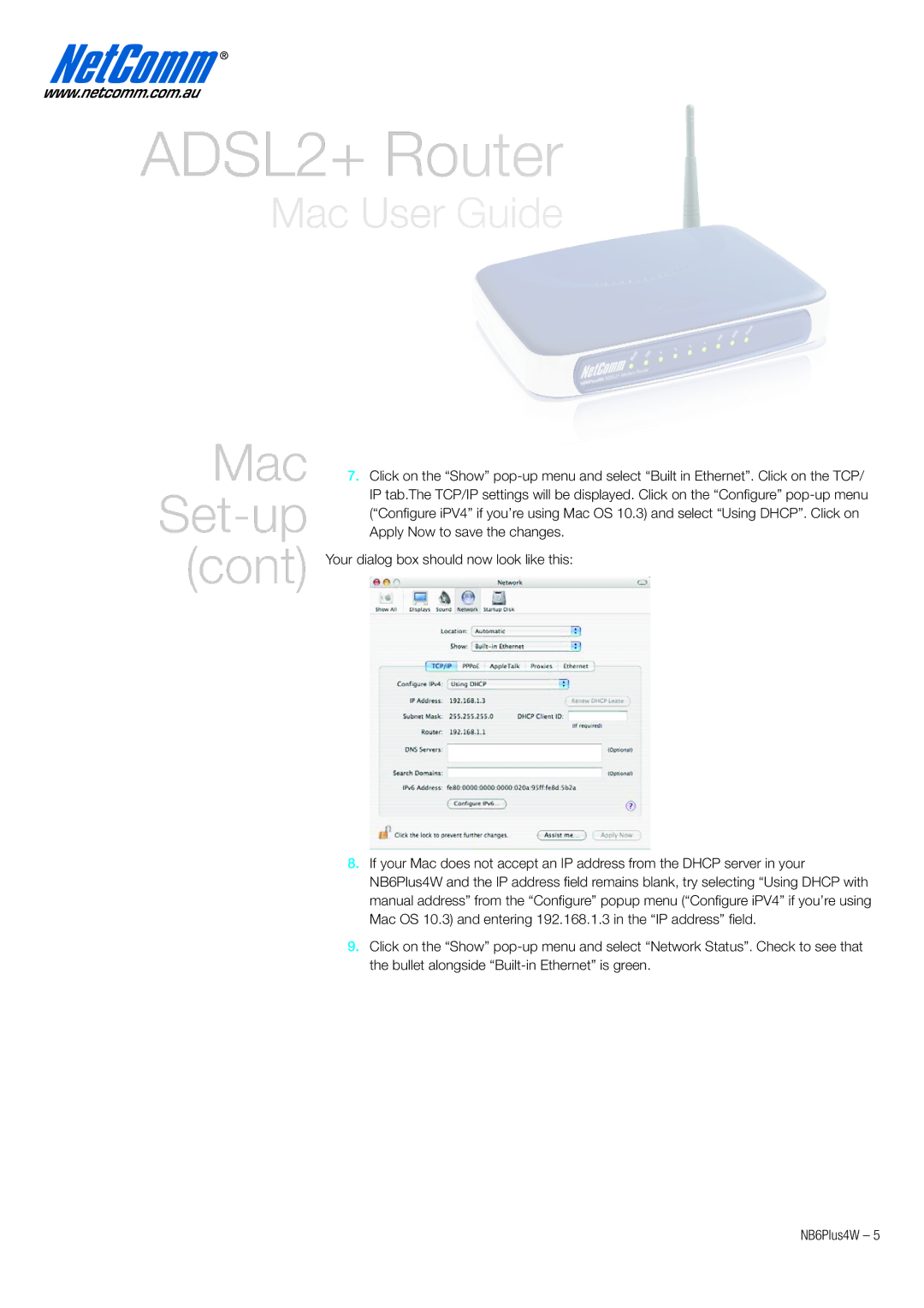 NetComm NB6PLUS4W quick start ADSL2+ Router 