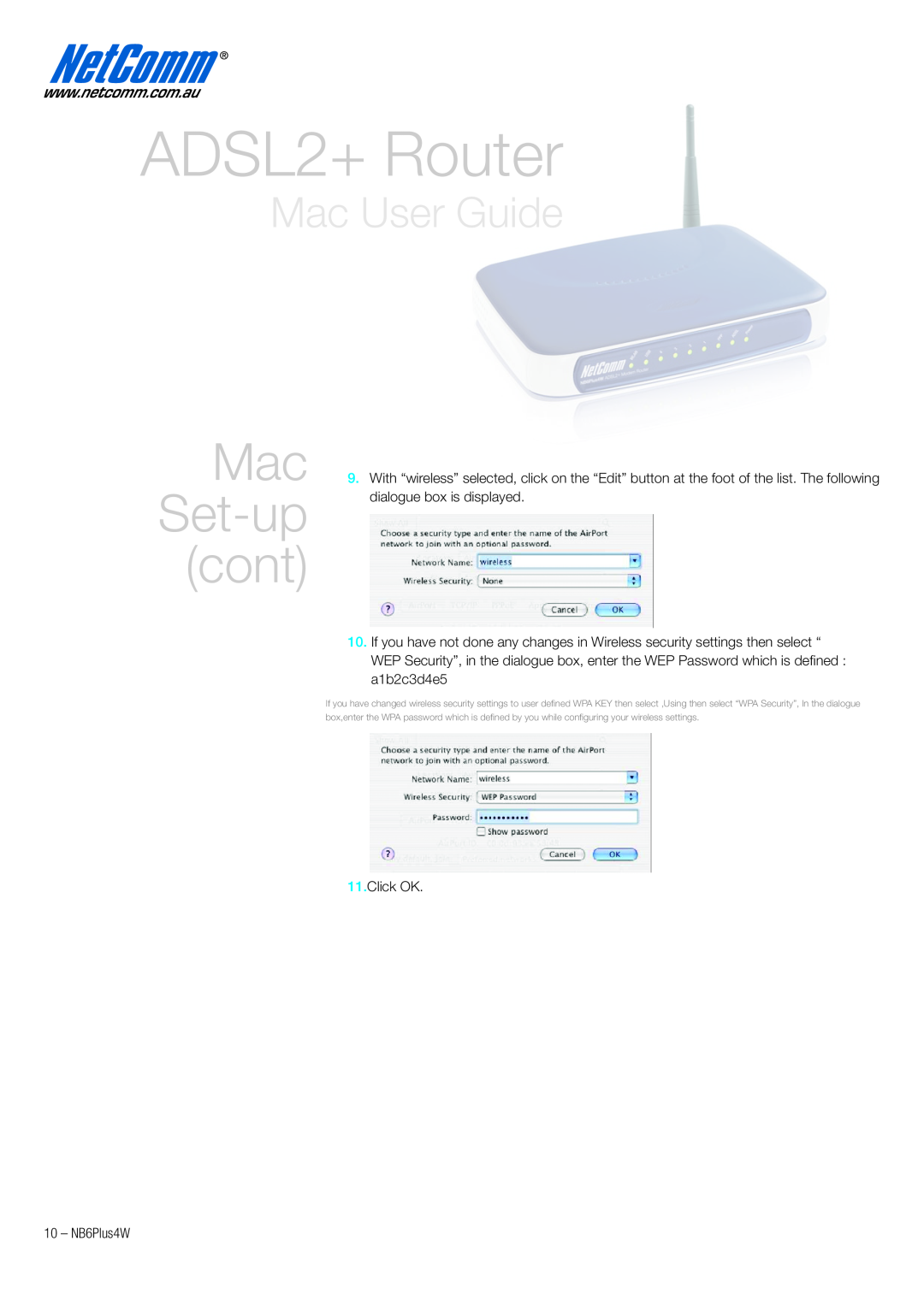 NetComm NB6PLUS4W quick start ADSL2+ Router, Mac Set-up cont, Mac User Guide, Click OK 
