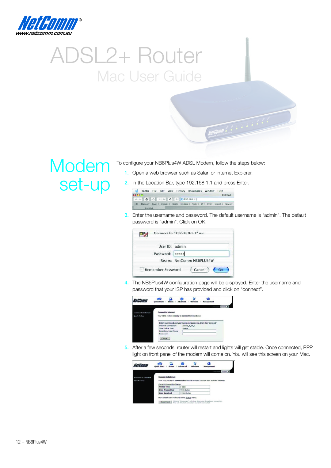 NetComm NB6PLUS4W quick start Modem set-up, ADSL2+ Router, Mac User Guide 