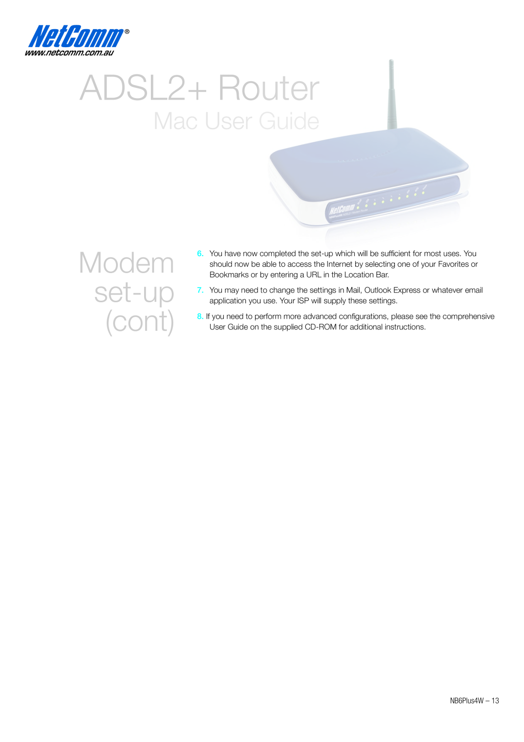 NetComm NB6PLUS4W quick start Modem set-up cont, ADSL2+ Router, Mac User Guide 