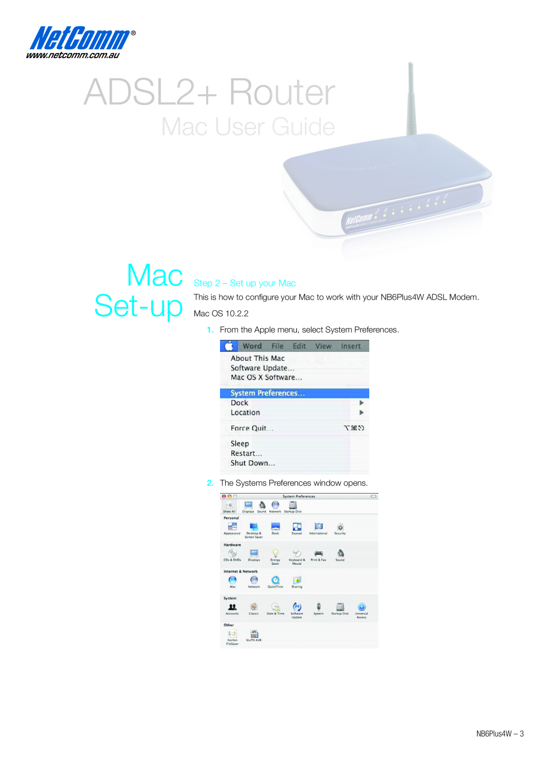 NetComm NB6PLUS4W quick start Mac Set-up, Set up your Mac, ADSL2+ Router, Mac User Guide 
