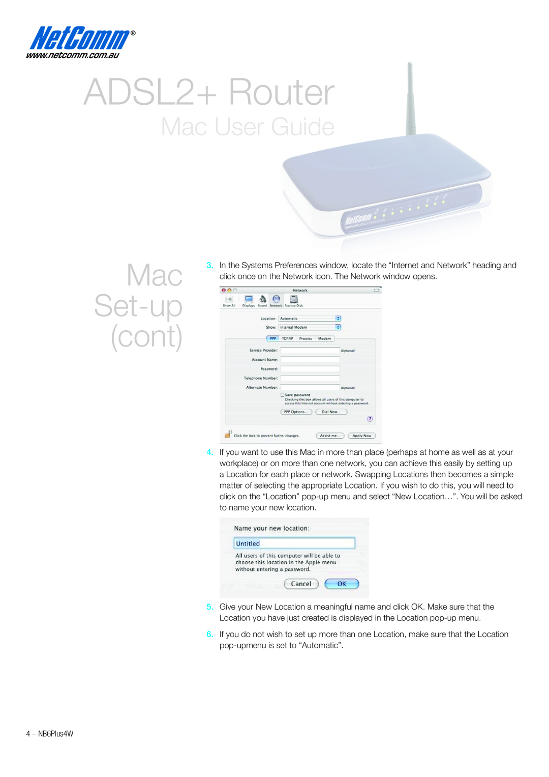 NetComm NB6PLUS4W quick start Mac Set-up cont, ADSL2+ Router, Mac User Guide 