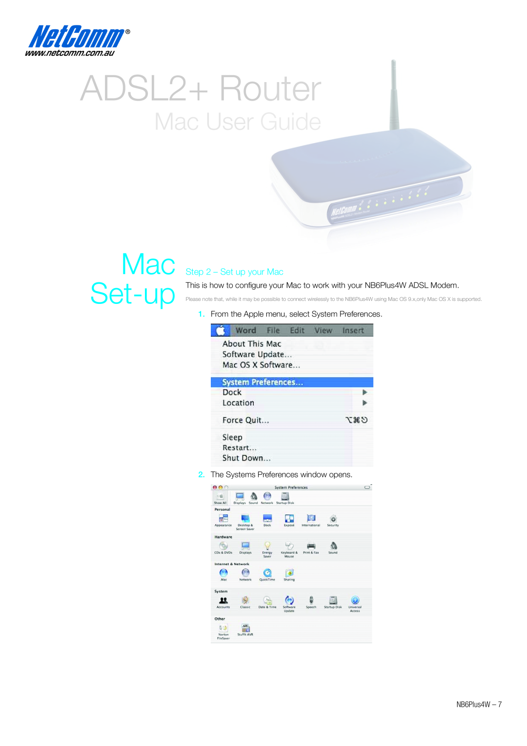 NetComm NB6PLUS4W quick start ADSL2+ Router, Mac Set-up, Mac User Guide, Set up your Mac 