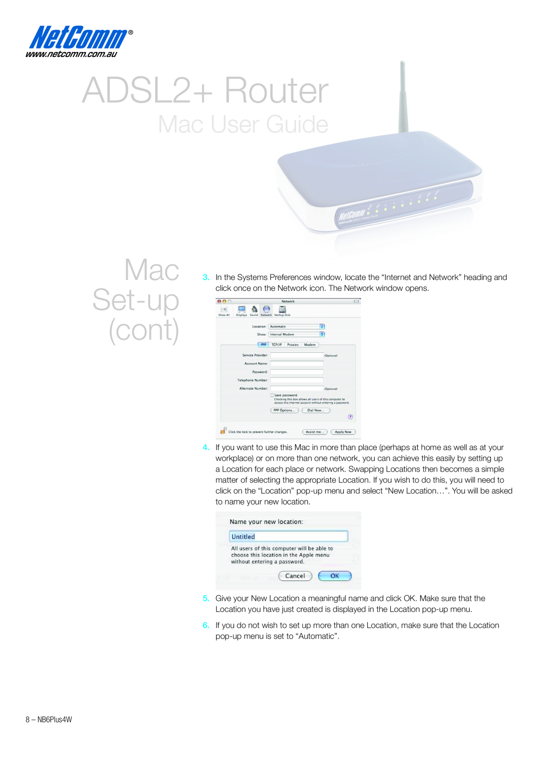NetComm NB6PLUS4W quick start ADSL2+ Router, Mac Set-up cont, Mac User Guide 