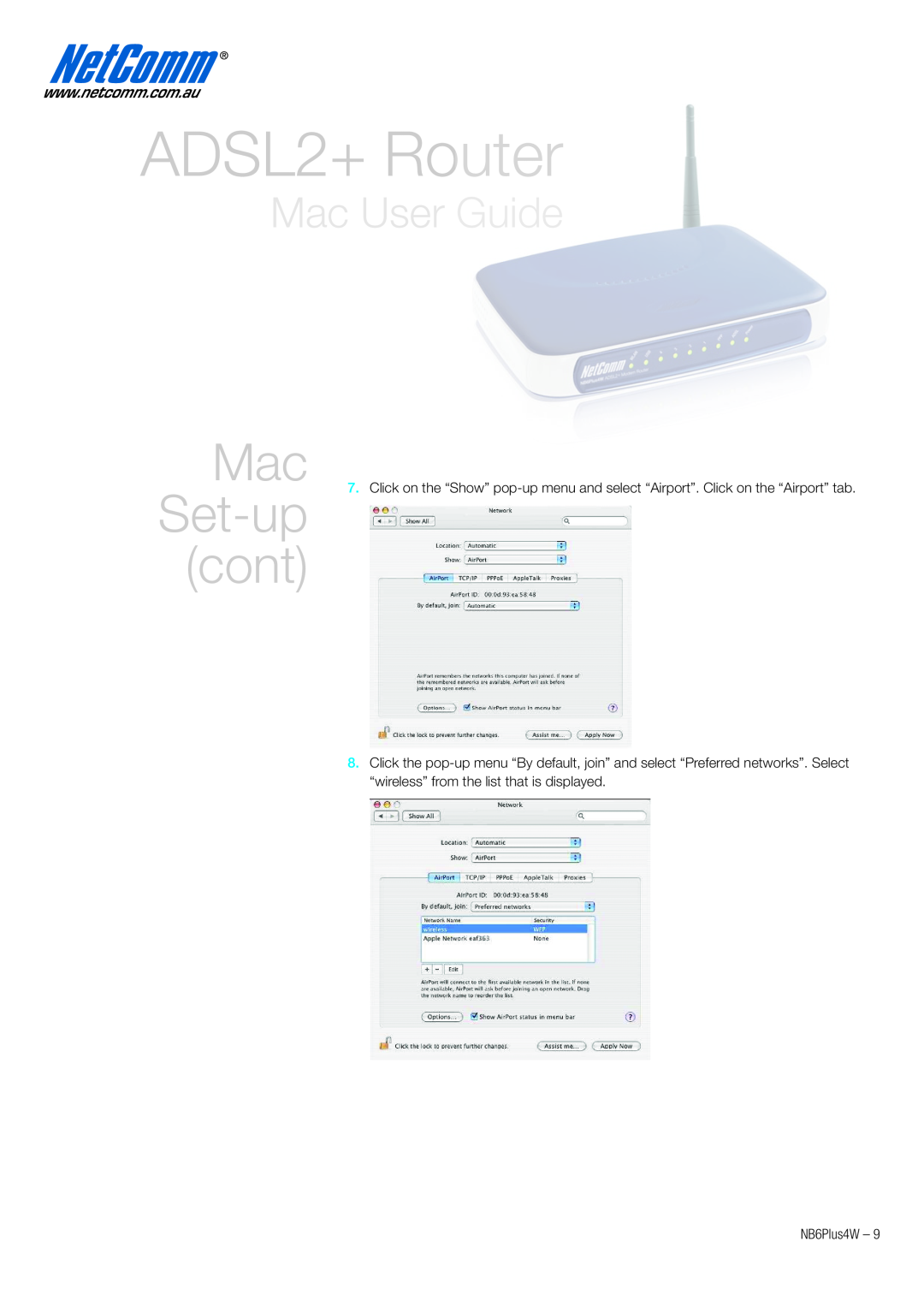 NetComm NB6PLUS4W quick start cont, ADSL2+ Router, Mac User Guide 