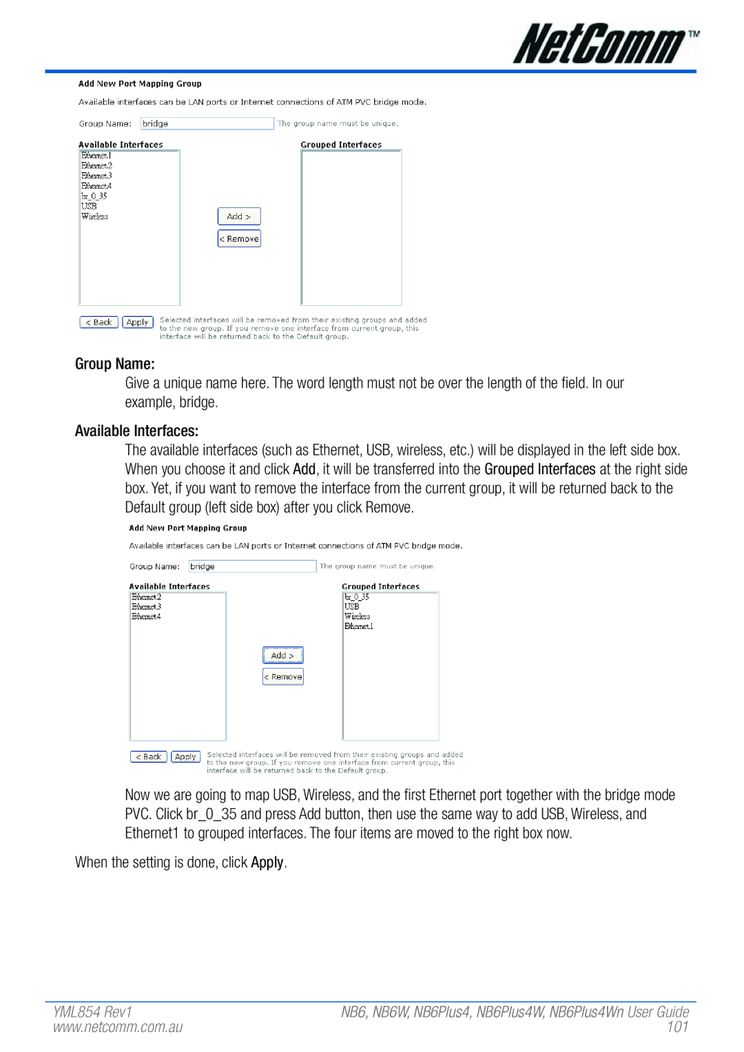 NetComm NB6, NB6W, NB6PLUS4, NB6PLUS4W, NB6PLUS4WN manual When the setting is done, click Apply, 101 