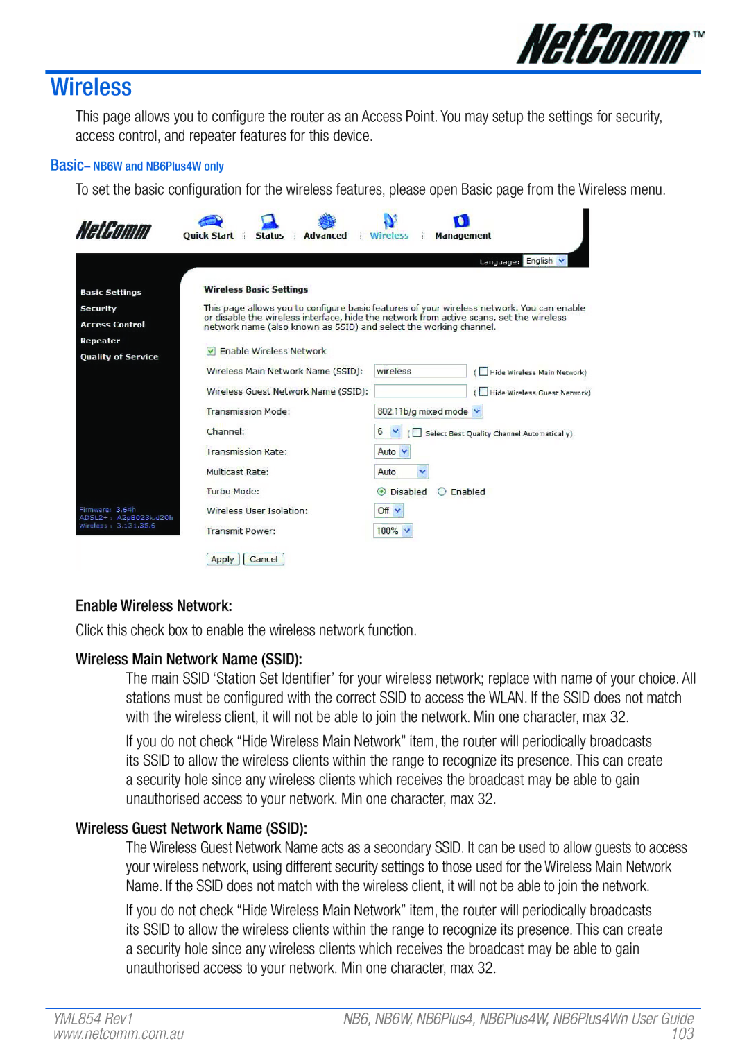 NetComm NB6PLUS4WN, NB6, NB6W, NB6PLUS4, NB6PLUS4W manual Wireless Guest Network Name Ssid, 103 