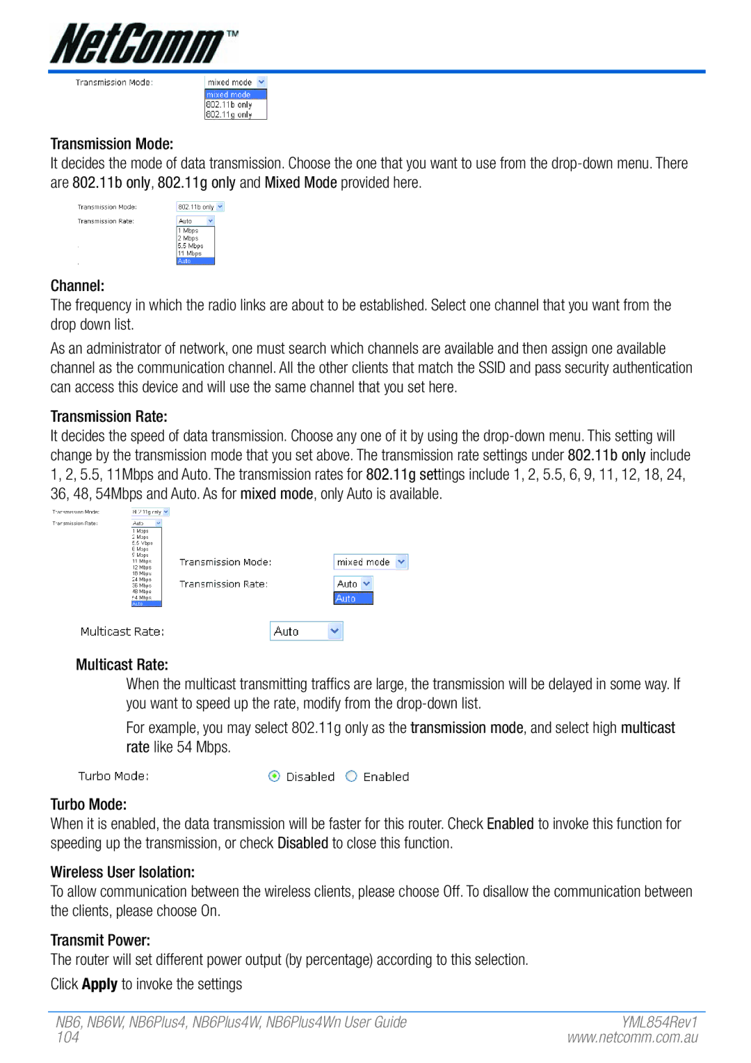 NetComm NB6, NB6W, NB6PLUS4, NB6PLUS4W, NB6PLUS4WN manual Transmission Rate, Multicast Rate, 104 