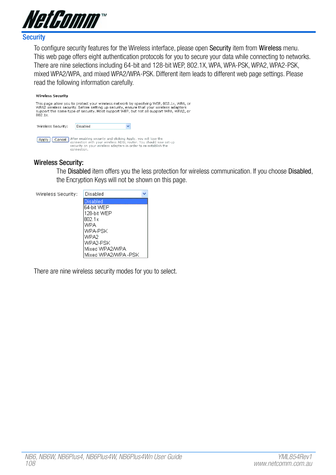 NetComm NB6PLUS4WN, NB6, NB6W, NB6PLUS4, NB6PLUS4W manual Security, 108 