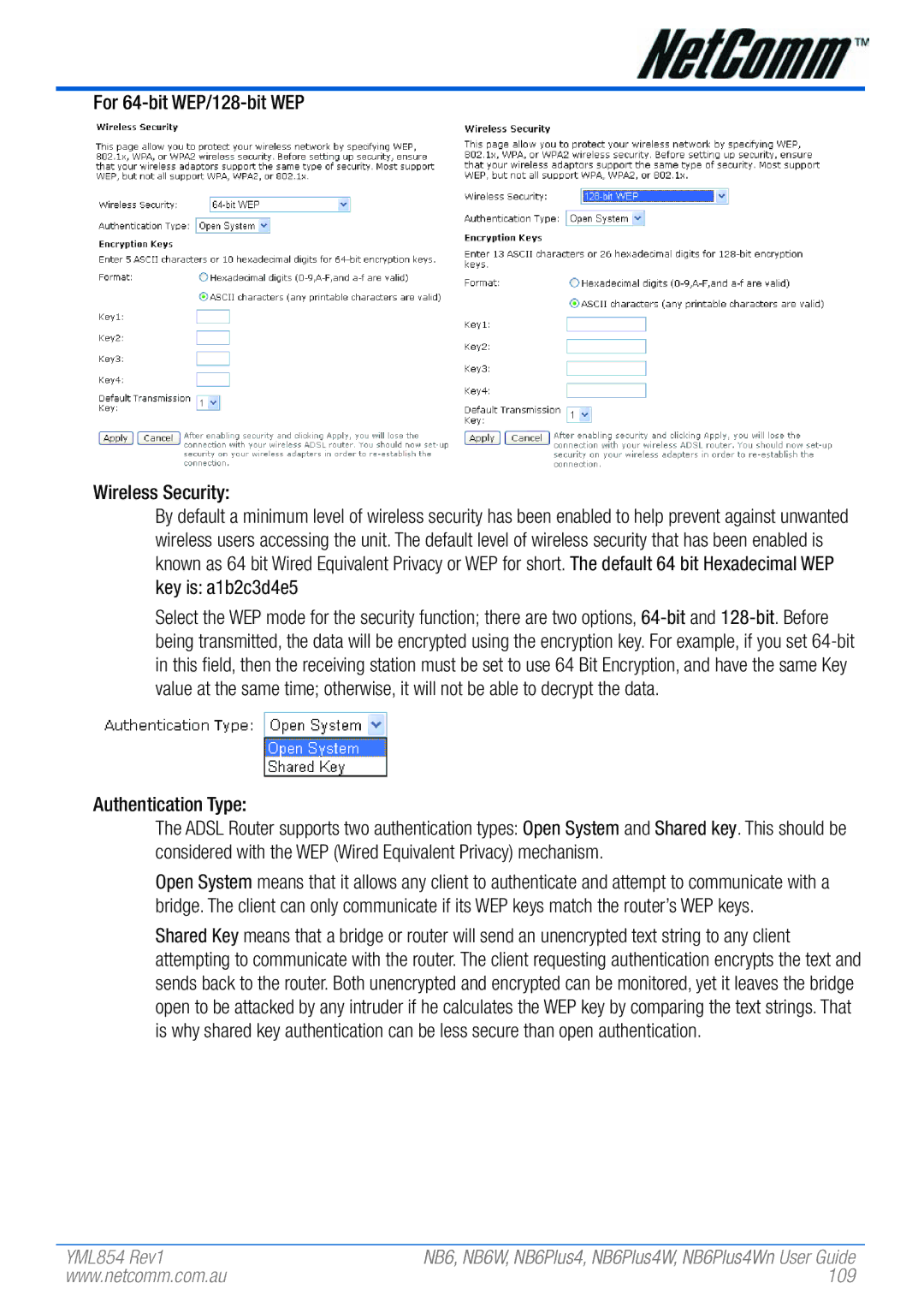 NetComm NB6PLUS4WN, NB6W manual For 64-bit WEP/128-bit WEP Wireless Security, Authentication Type, 109 