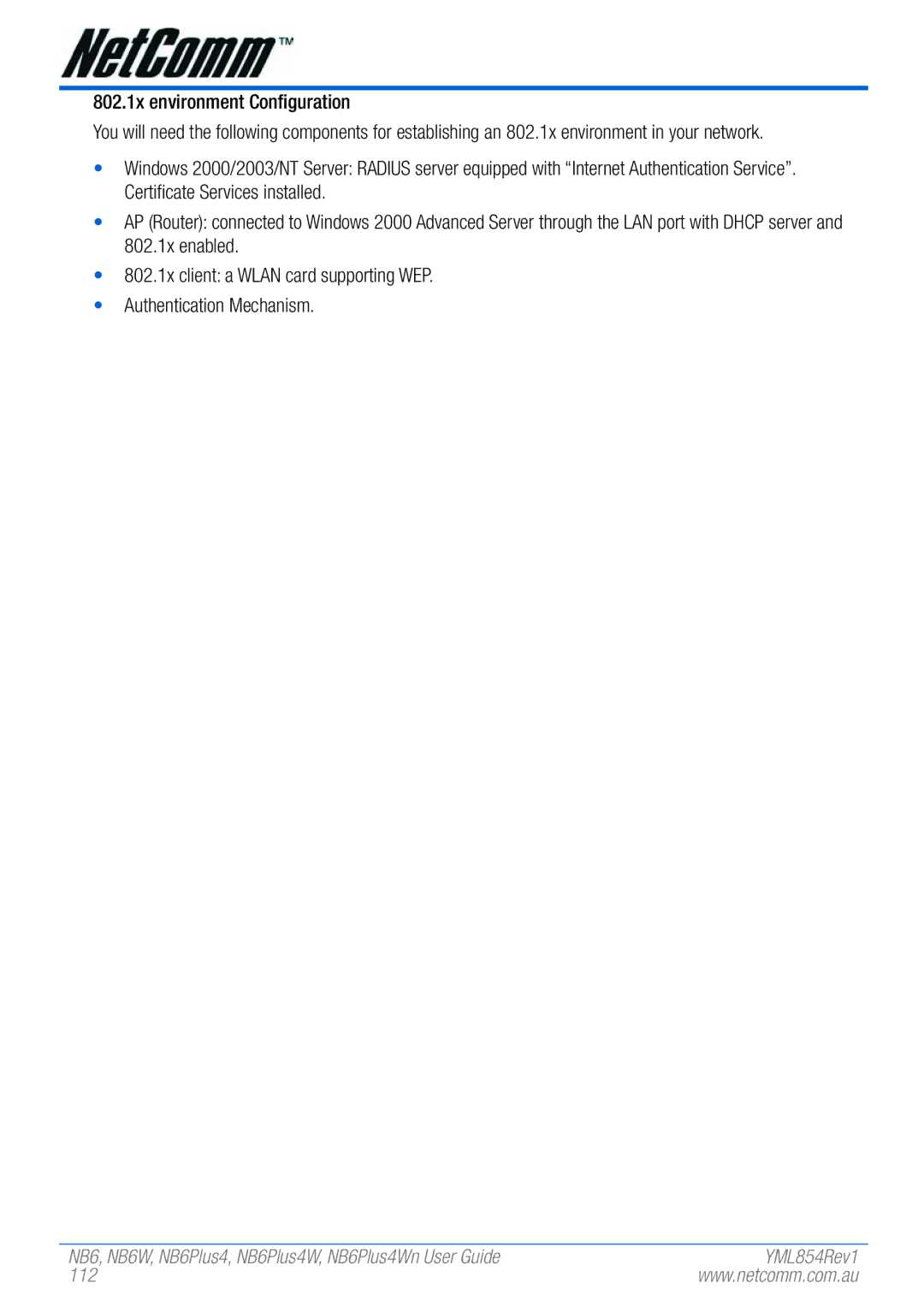 NetComm NB6PLUS4WN, NB6, NB6W, NB6PLUS4, NB6PLUS4W manual 802.1x environment Configuration, 112 