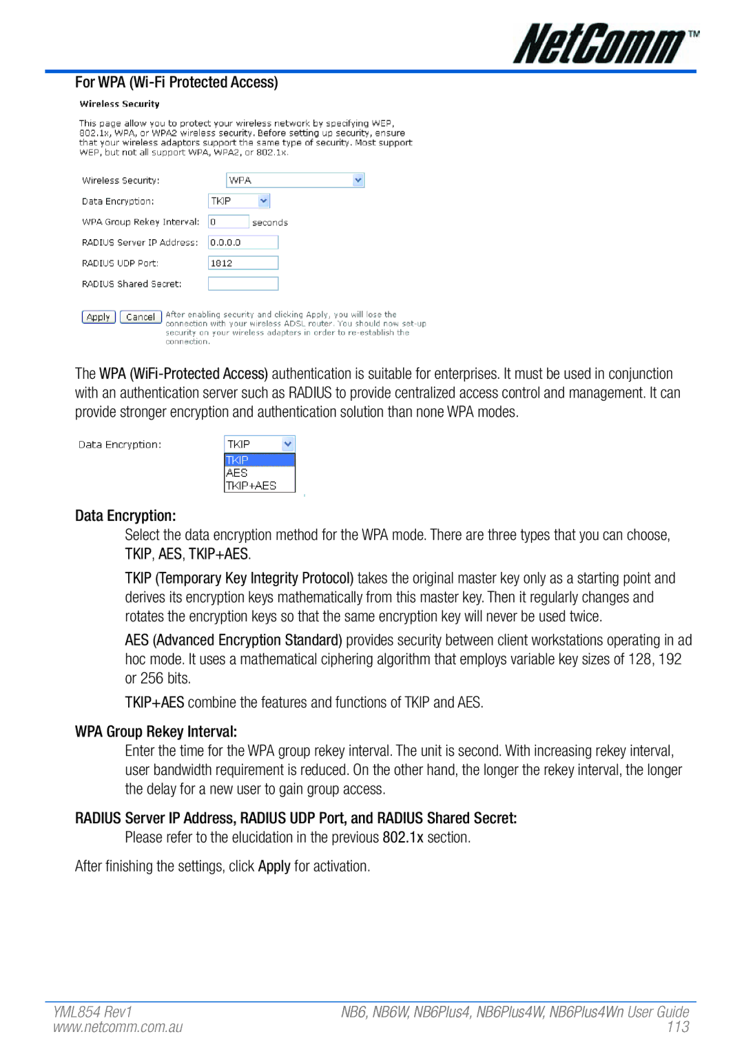 NetComm NB6, NB6W, NB6PLUS4, NB6PLUS4W, NB6PLUS4WN manual For WPA Wi-Fi Protected Access, 113 