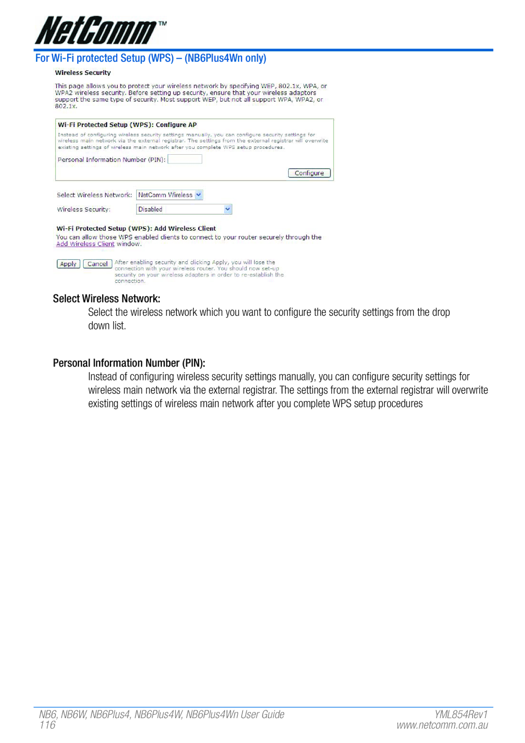 NetComm NB6, NB6W, NB6PLUS4, NB6PLUS4W, NB6PLUS4WN manual For Wi-Fi protected Setup WPS NB6Plus4Wn only, 116 