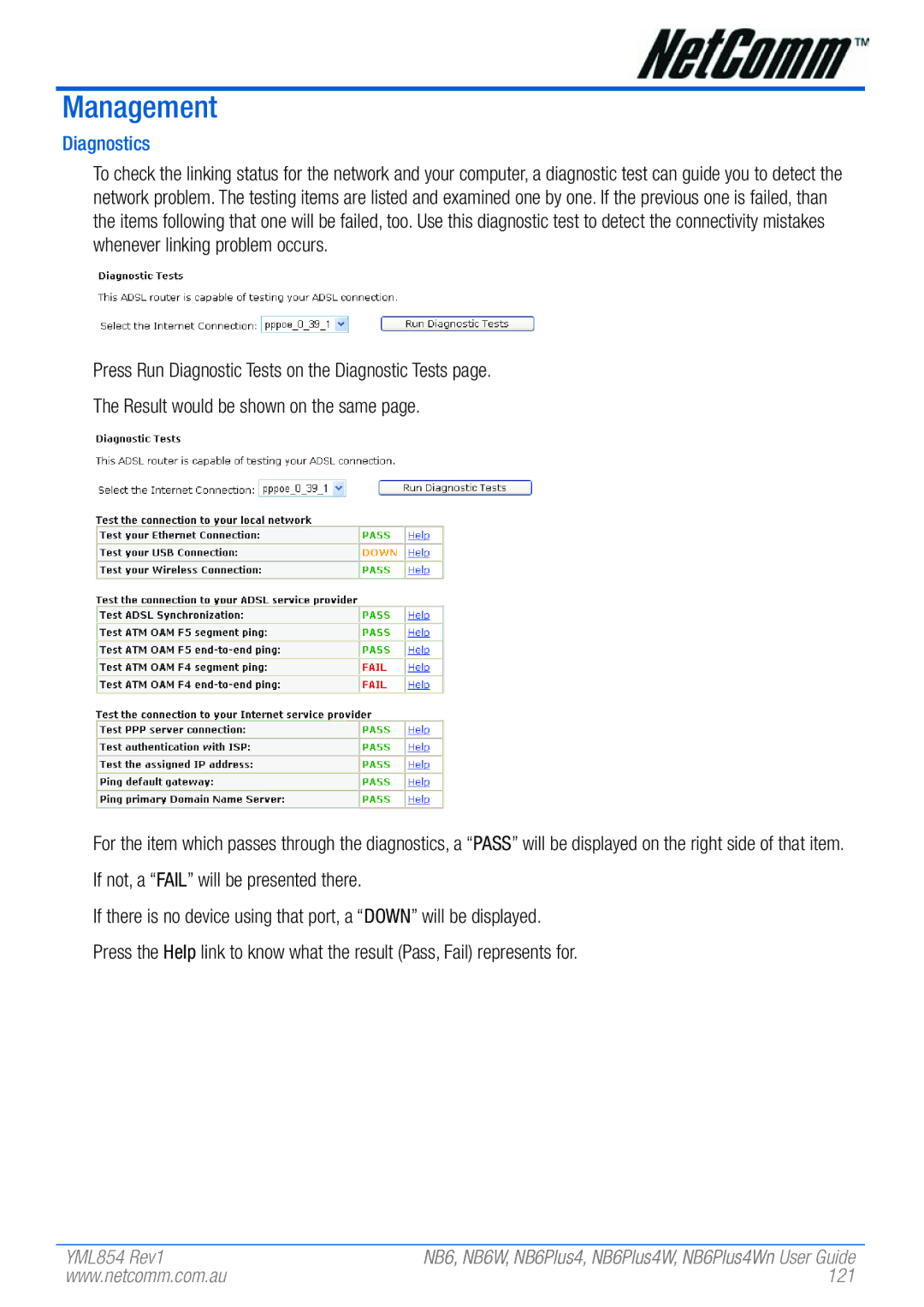 NetComm NB6PLUS4WN, NB6, NB6W, NB6PLUS4, NB6PLUS4W manual Management, Diagnostics, 121 