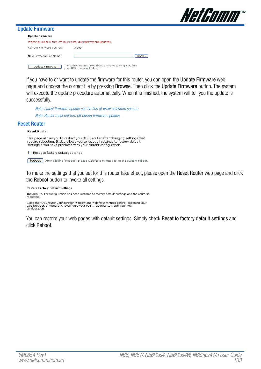 NetComm NB6PLUS4WN, NB6, NB6W, NB6PLUS4, NB6PLUS4W manual Update Firmware, Reset Router, 133 