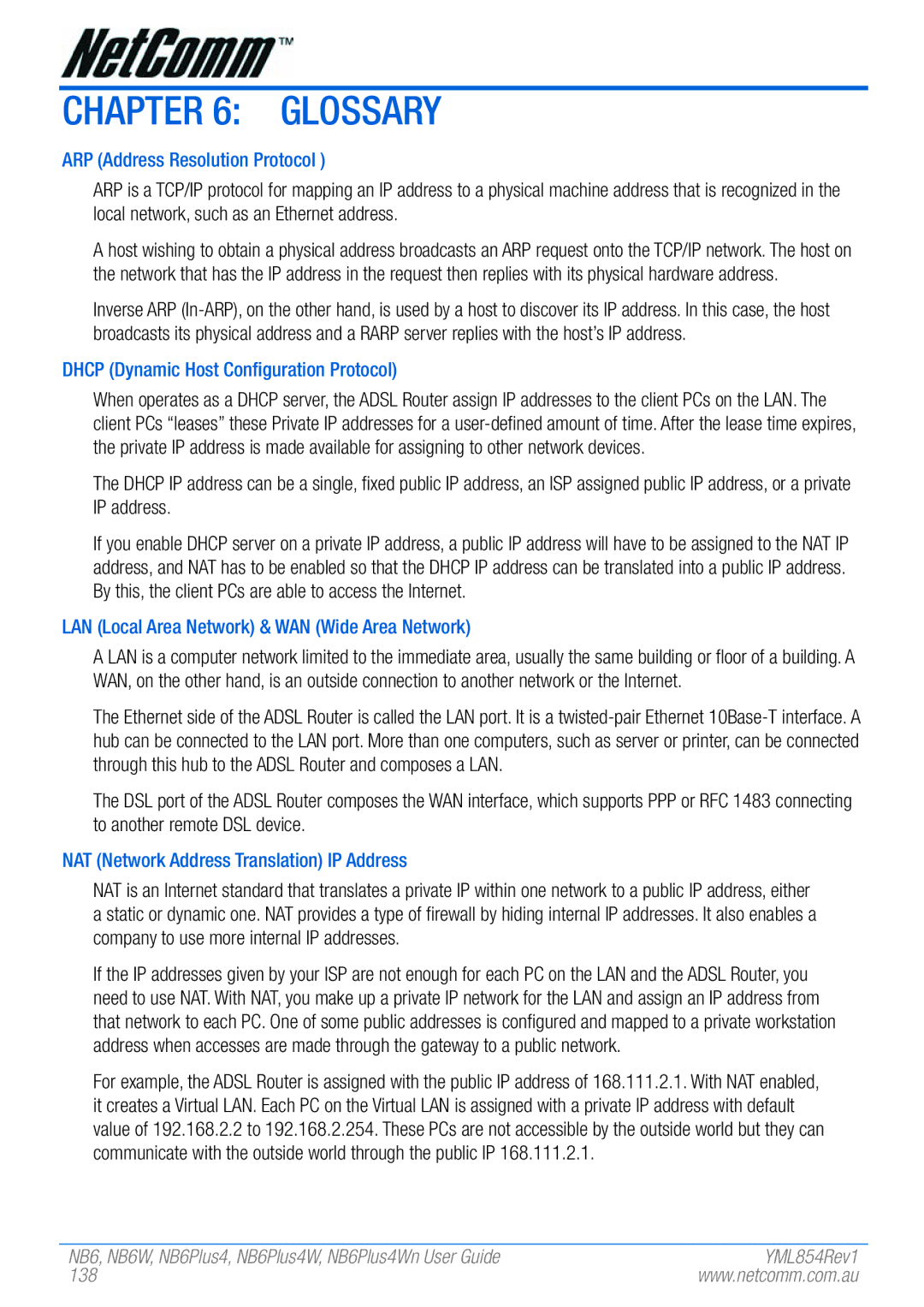 NetComm NB6W, NB6PLUS4WN manual ARP Address Resolution Protocol, Dhcp Dynamic Host Configuration Protocol, 138 