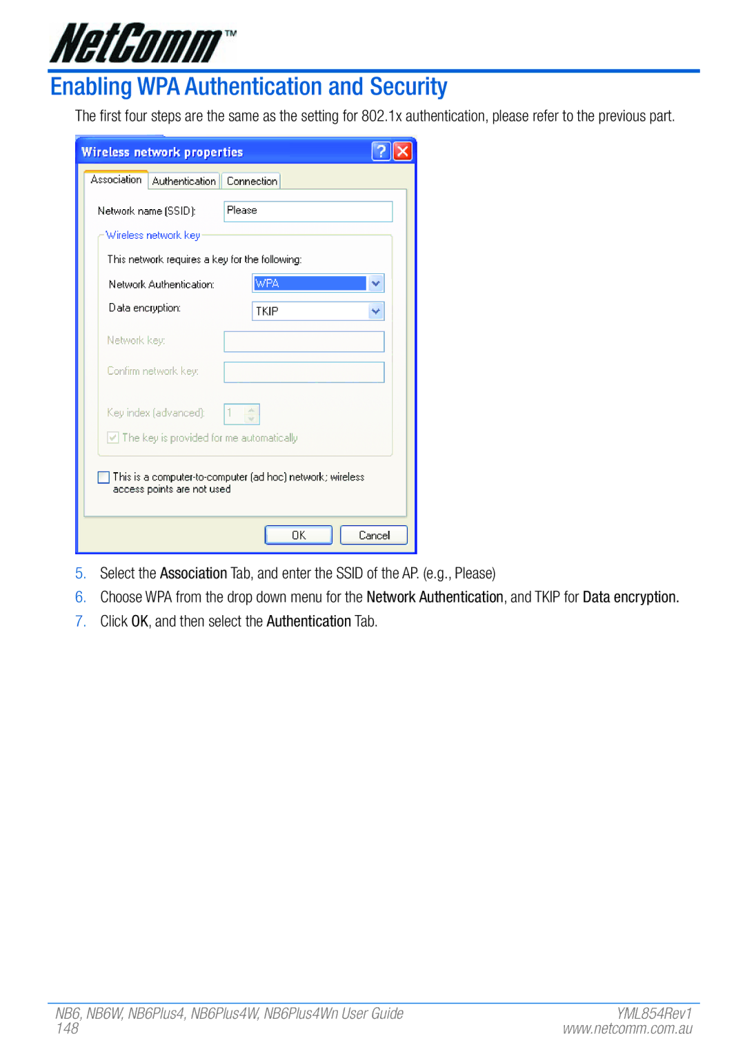 NetComm NB6PLUS4WN, NB6, NB6W, NB6PLUS4, NB6PLUS4W manual Enabling WPA Authentication and Security, 148 