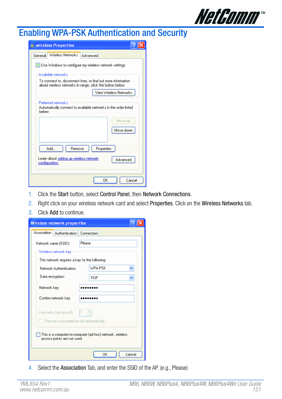 NetComm NB6PLUS4WN, NB6, NB6W, NB6PLUS4, NB6PLUS4W manual Enabling WPA-PSK Authentication and Security, 151 