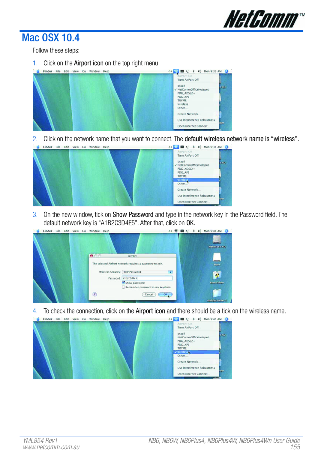 NetComm NB6, NB6W, NB6PLUS4, NB6PLUS4W, NB6PLUS4WN manual Mac OSX, 155 
