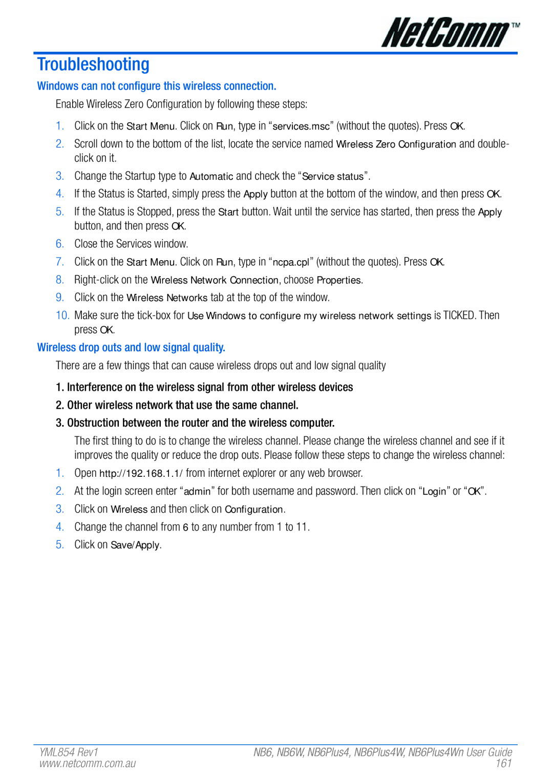 NetComm NB6, NB6W, NB6PLUS4, NB6PLUS4W manual Troubleshooting, Windows can not configure this wireless connection, 161 