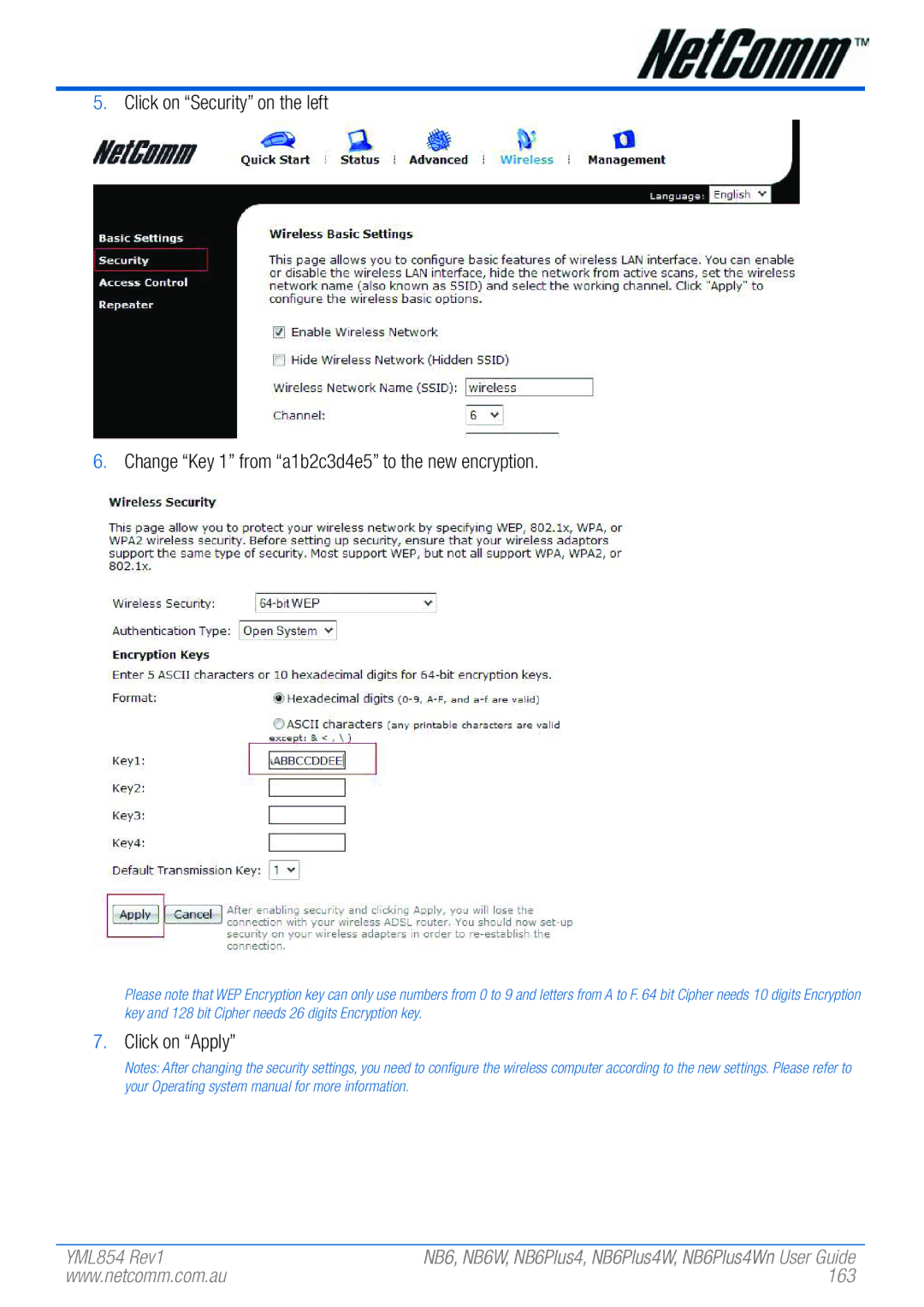 NetComm NB6PLUS4WN, NB6, NB6W, NB6PLUS4, NB6PLUS4W manual Click on Apply, 163 