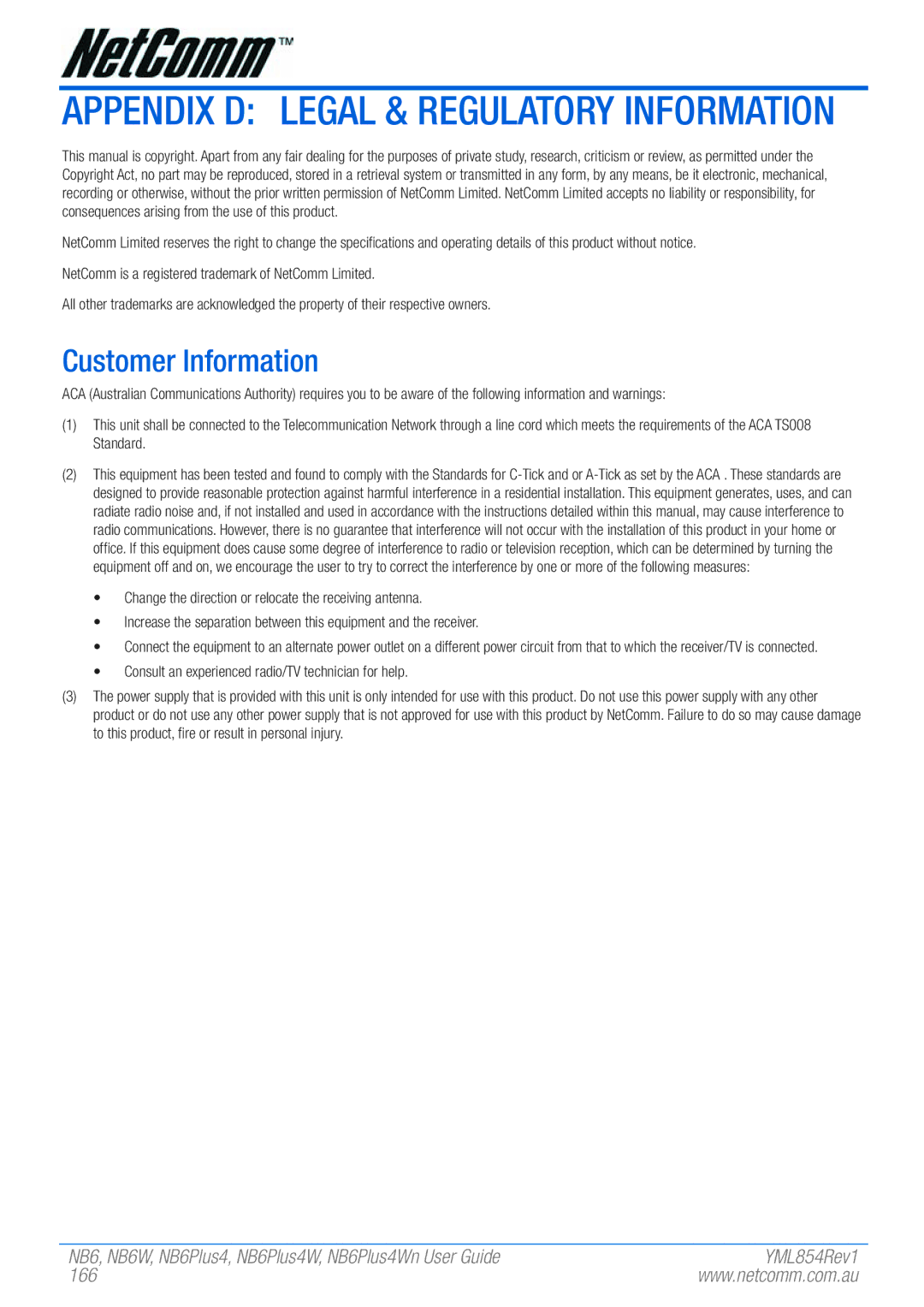 NetComm NB6PLUS4WN, NB6, NB6W, NB6PLUS4, NB6PLUS4W manual Customer Information, 166 