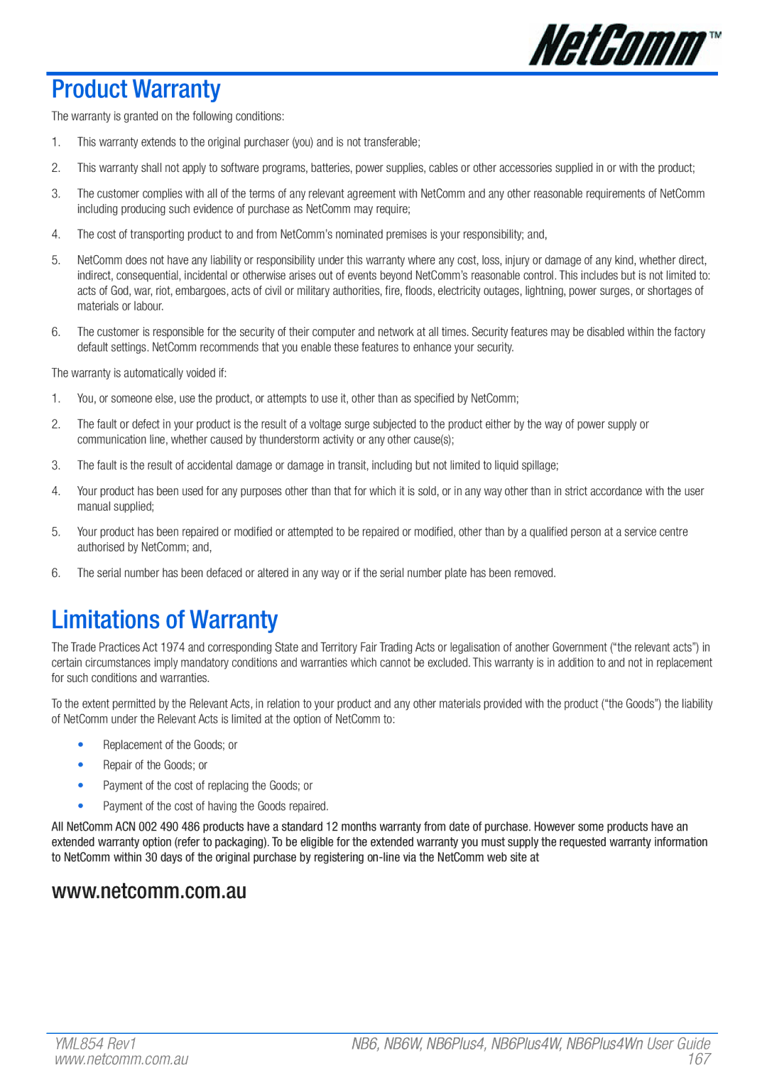 NetComm NB6, NB6W, NB6PLUS4, NB6PLUS4W, NB6PLUS4WN manual Product Warranty, Limitations of Warranty, 167 