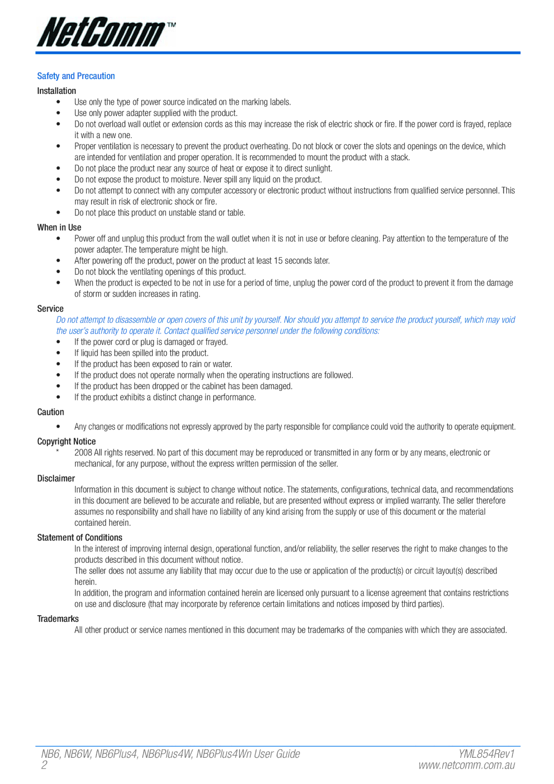 NetComm NB6, NB6W, NB6PLUS4, NB6PLUS4W, NB6PLUS4WN NB6, NB6W, NB6Plus4, NB6Plus4W, NB6Plus4Wn User Guide, Copyright Notice 