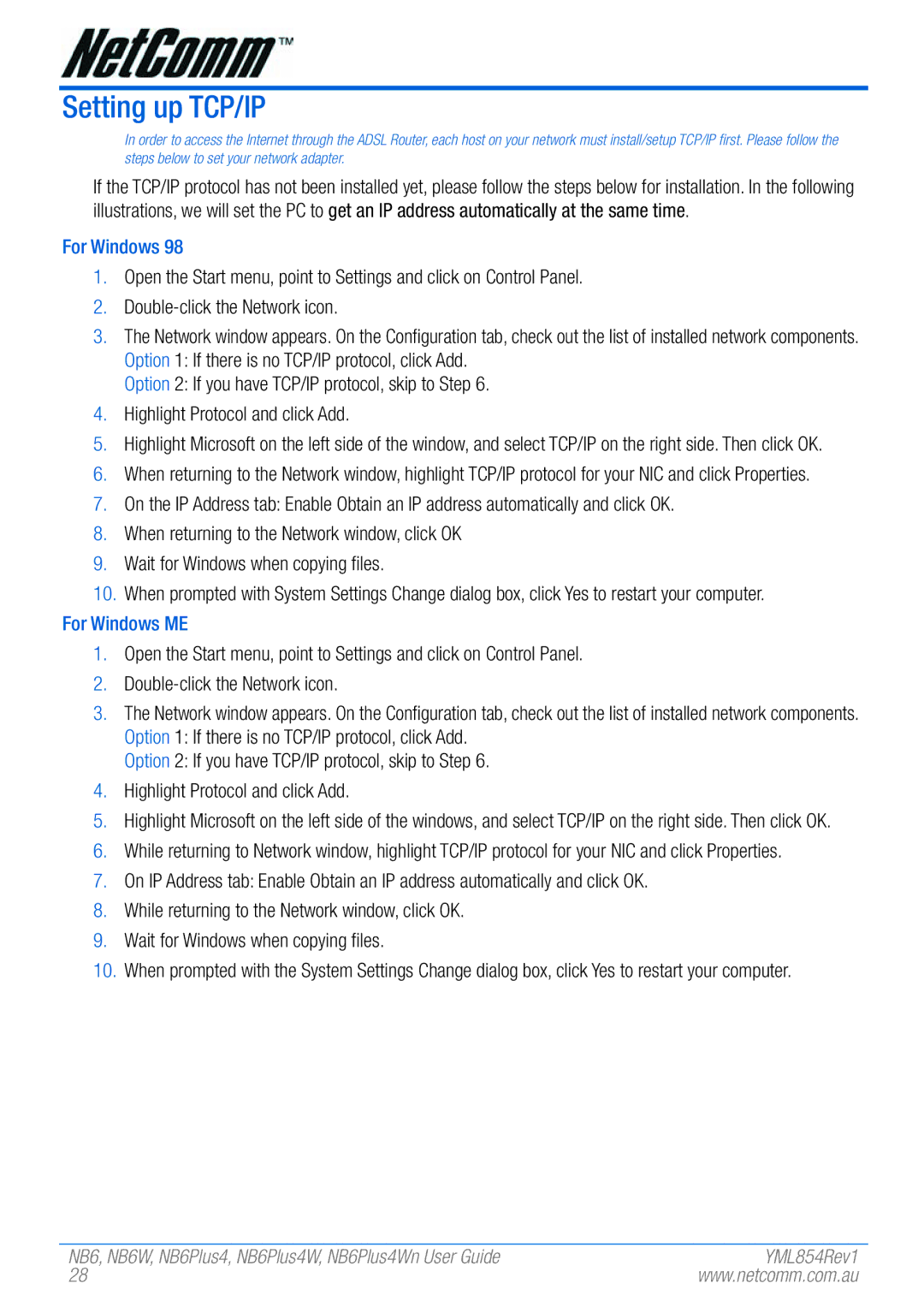 NetComm NB6PLUS4WN, NB6, NB6W, NB6PLUS4, NB6PLUS4W manual Setting up TCP/IP, For Windows 