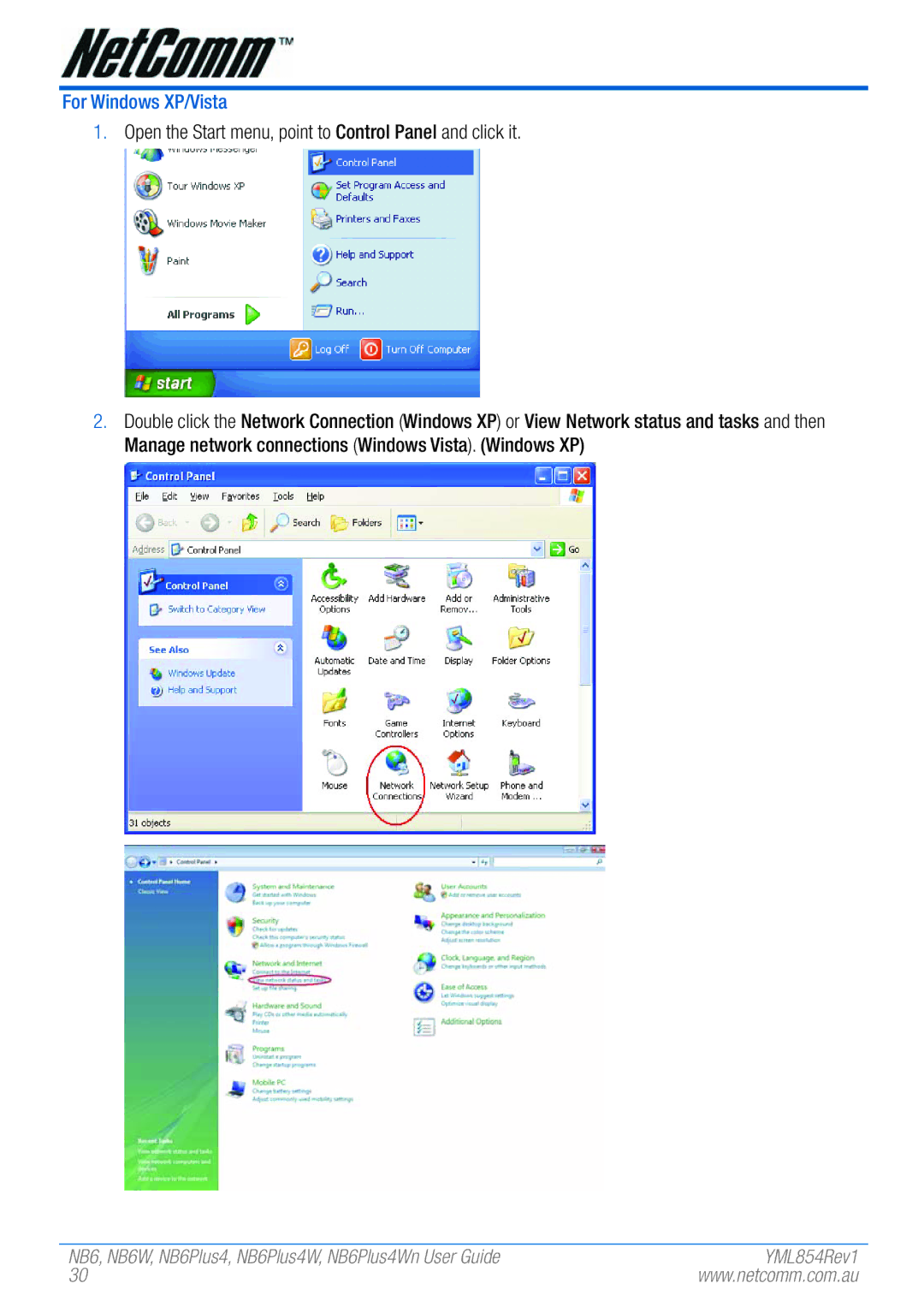 NetComm NB6W, NB6PLUS4WN manual For Windows XP/Vista, Open the Start menu, point to Control Panel and click it 