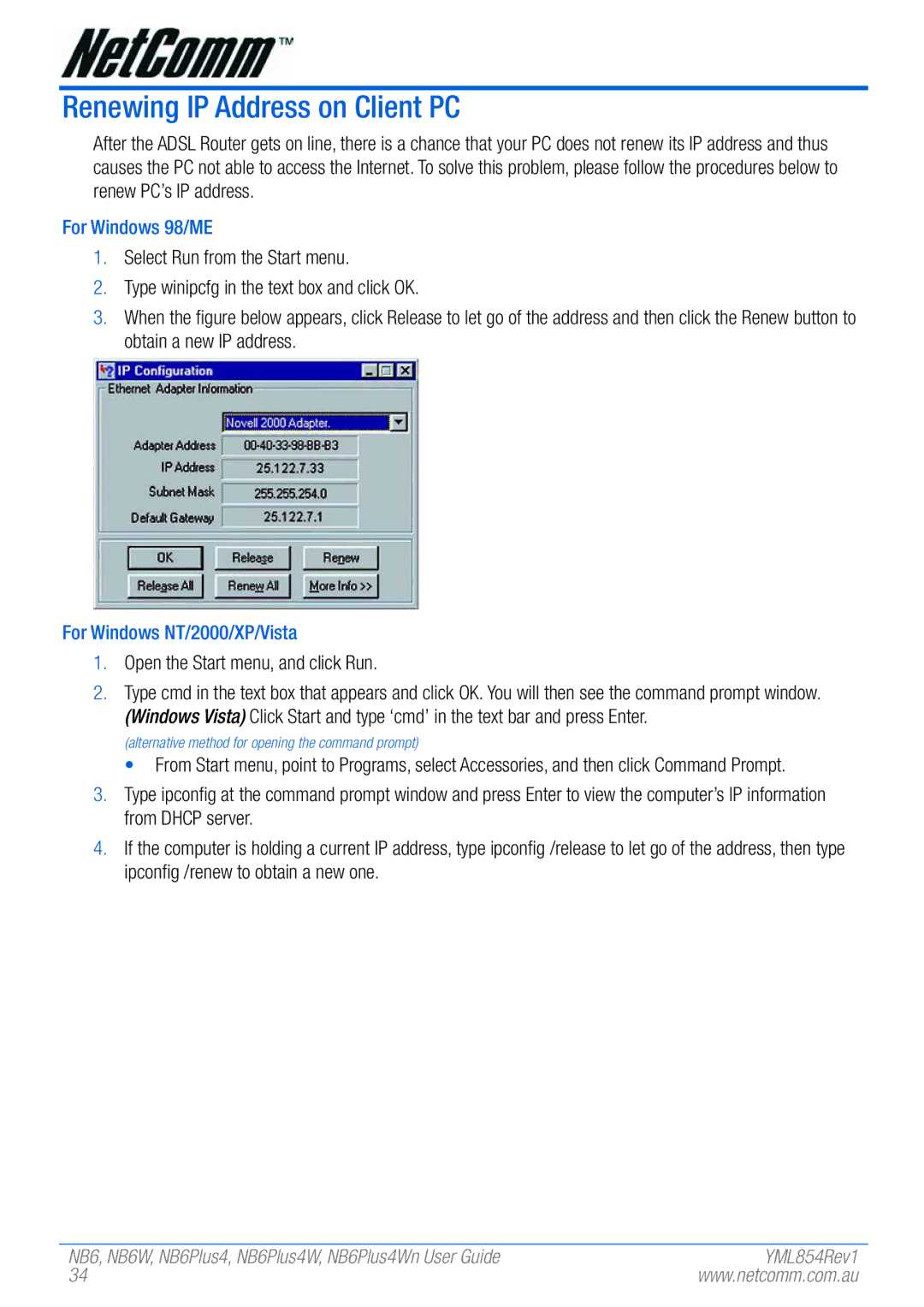 NetComm NB6PLUS4WN, NB6W manual Renewing IP Address on Client PC, For Windows 98/ME, For Windows NT/2000/XP/Vista 