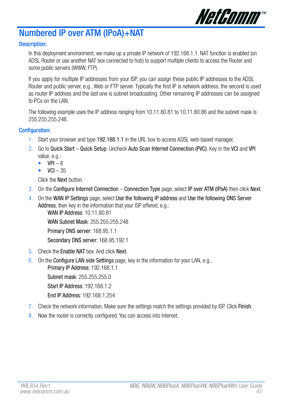 NetComm NB6, NB6W, NB6PLUS4, NB6PLUS4W, NB6PLUS4WN manual Numbered IP over ATM IPoA+NAT 